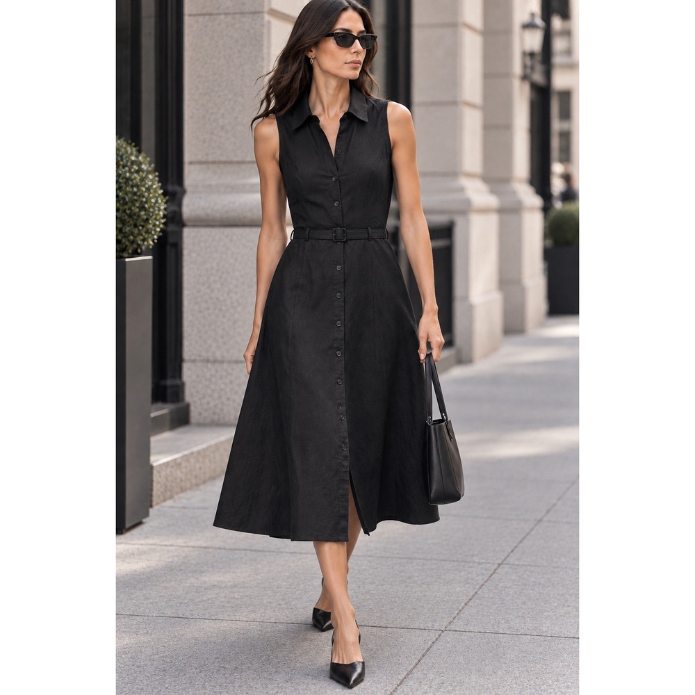 H&M Black 100% Linen Sleeveless Belted Midi Shirt Dress Size 6 90s Minimalist